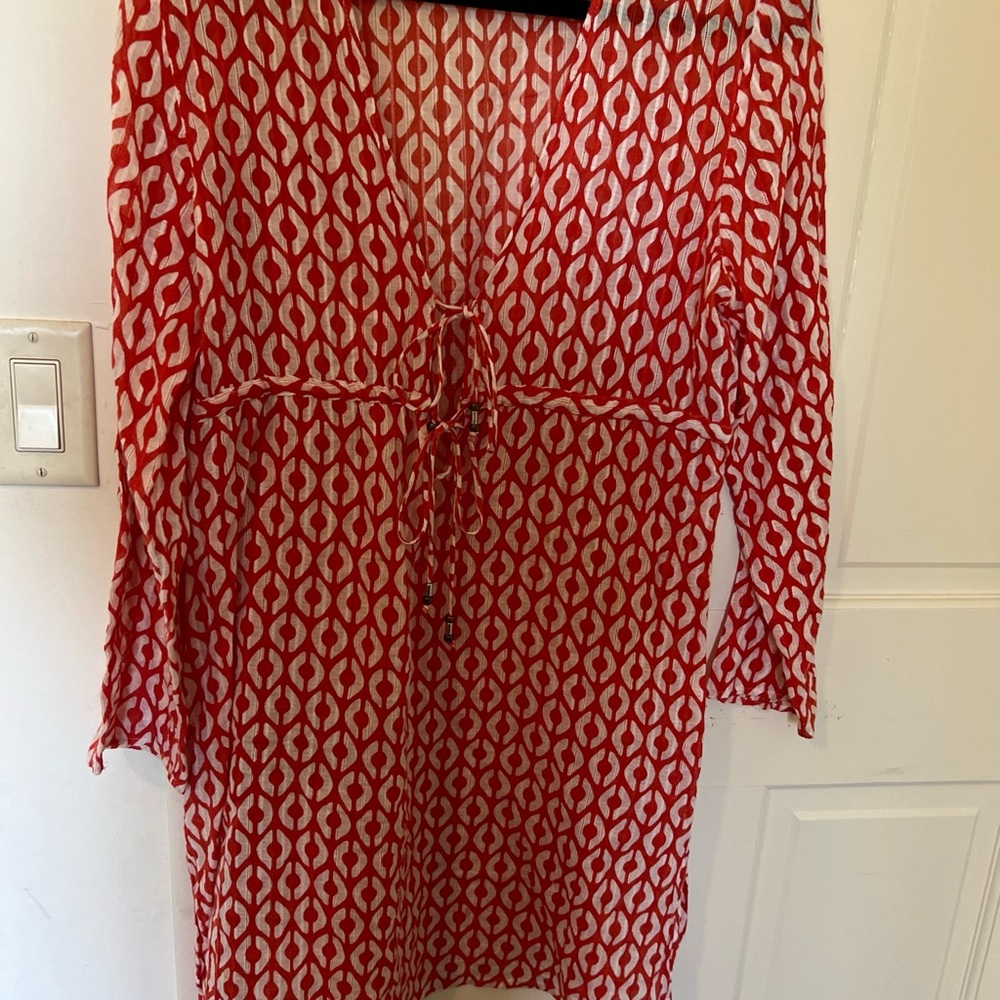 Beach cover/ dress 100% cotton, orange -white design